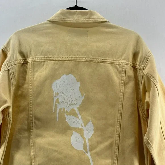 OBEY Denim Trucker Jacket Womens S Graphic Rose Button Front Long Sleeve Yellow - Picture 6 of 13